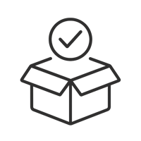 Minimal monochrome vector icon smooth line style open box or package with a checkmark above it symbolizing available stock No color clean black line art very simple and readable at small size