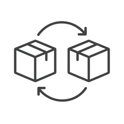 Minimal monochrome vector icon smooth lineart style two simple 2D package boxes side by side each with a small flap line or tape stripe to make them clearly recognizable as packages Two curved arrows forming a circular motion between the boxes symbol-1