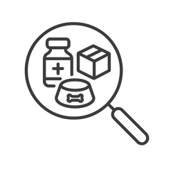 Minimal monochrome vector icon smooth singleline style magnifying glass over three simple shapes medicine bottle with cross pet food bowl and box No color clean black line art very simple and balanced optimized for small UI sizes-1