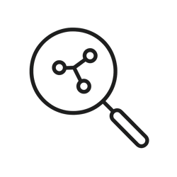 minimal monochrome vector icon singleline design showing a magnifying glass with a simple molecule symbol 34 connected dots inside the lens No colors just black outline very simple precise and optimized for tiny UI elements-1