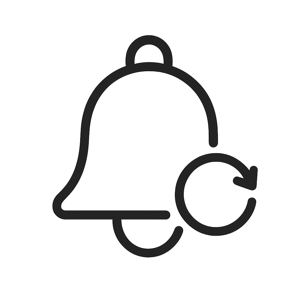 Minimal monochrome vector icon clean singleline style notification bell with small circular arrow to indicate restock alert and availability No color clean black line art with thicker stroke weight for better visibility at small sizes simple and legi-1