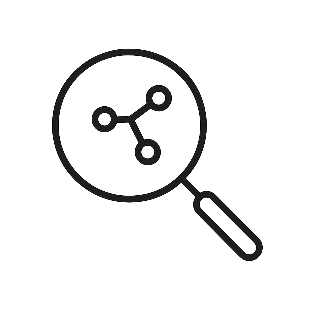minimal monochrome vector icon singleline design showing a magnifying glass with a simple molecule symbol 34 connected dots inside the lens No colors just black outline very simple precise and optimized for tiny UI elements-1